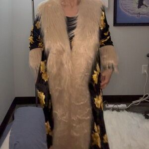 Jennafer Grace Penny Lane Faux Fur-Trimmed Long Coat XL Black w/ Yellow Flowers